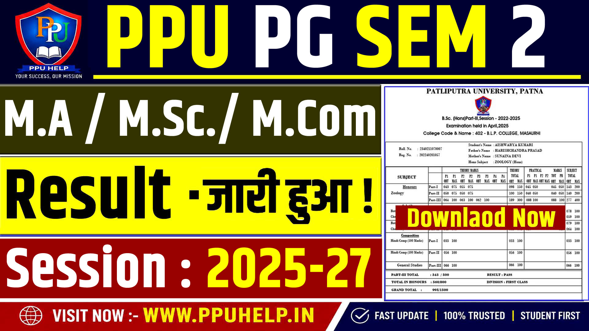 PPU PG Semester 2 Result 2025-27